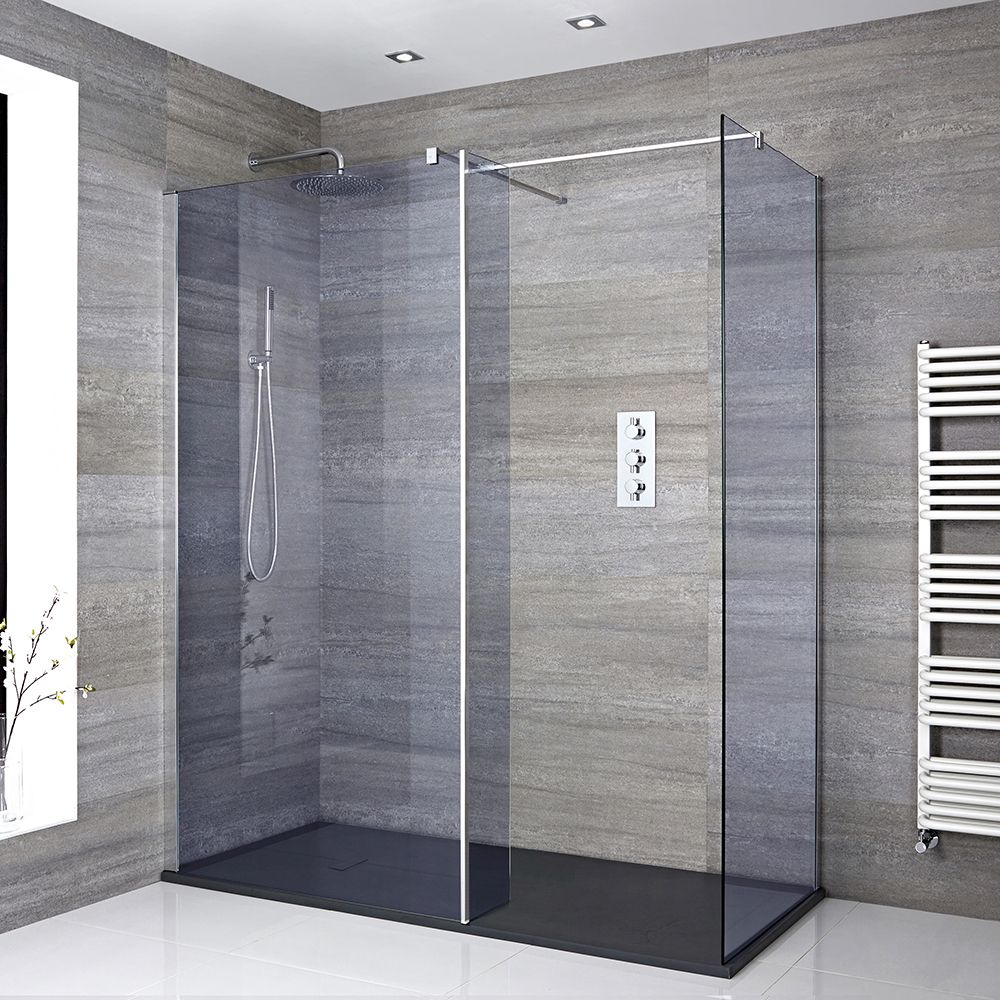 Getönte Walk-In Dusche, Chrom, für Eckeinbau - inkl. Duschwanne mit Schiefer-Effekt (Finish wählbar) – Größe und Seitenpaneel wählbar – Portland-Luna