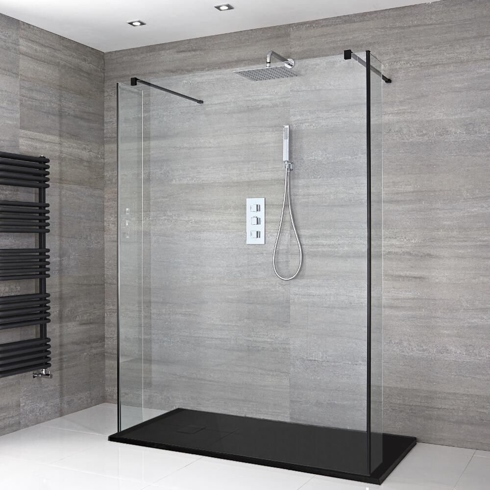 Walk-In Dusche, Schwarz, freistehend – inkl. Duschwanne mit Schiefer-Effekt (Finish wählbar) – Größe und Seitenpaneel wählbar – Nox