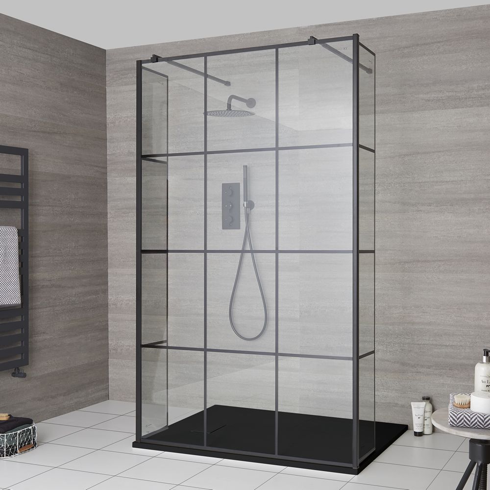 Walk-In Dusche mit Gittermuster, freistehend – inkl. Duschwanne mit Schiefer-Effekt (Finish wählbar) – Größe und Seitenpaneel wählbar – Barq