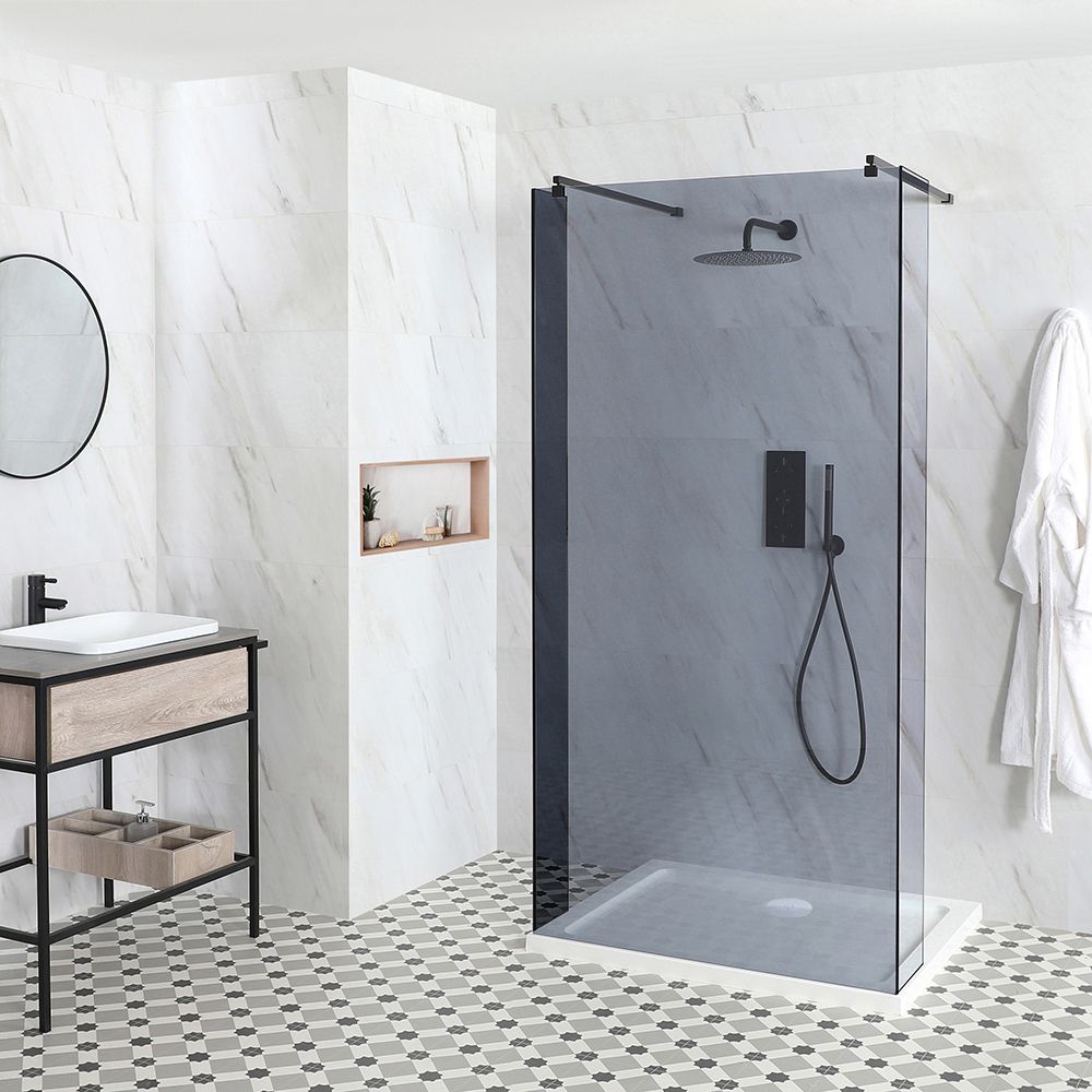 Getönte Walk-In Dusche, Schwarz, freistehend – inkl. weißer Duschwanne– Größe und Seitenpaneel wählbar – Nox-Luna