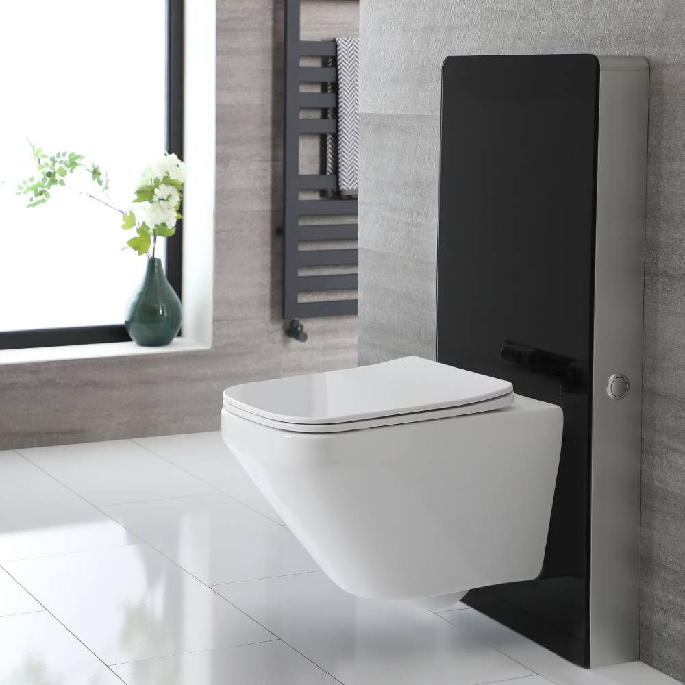 Spülrandloses Hänge WC Exton mit Sanitärmodul Saru, inkl. Sensorspülung, Schwarz