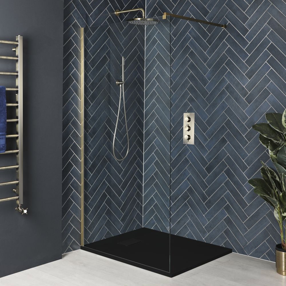 Walk-In Dusche, antikes Messing, für Eckeinbau - inkl. Duschwanne mit Schiefer-Effekt (Finish wählbar) - Größe wählbar - Alama