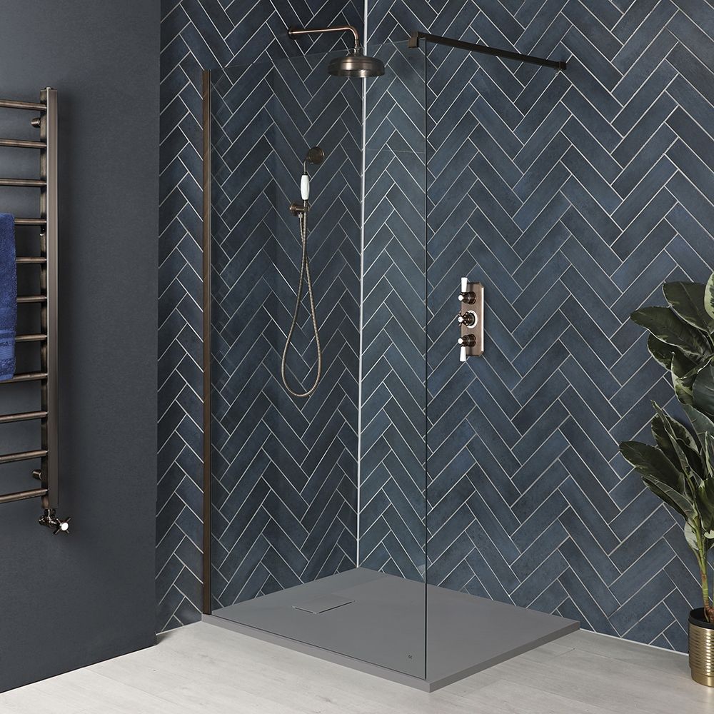 Walk-In Eck-Dusche - inkl. Duschwanne mit Schiefer-Effekt, Wählbare Größe - matte Bronze - Augusta