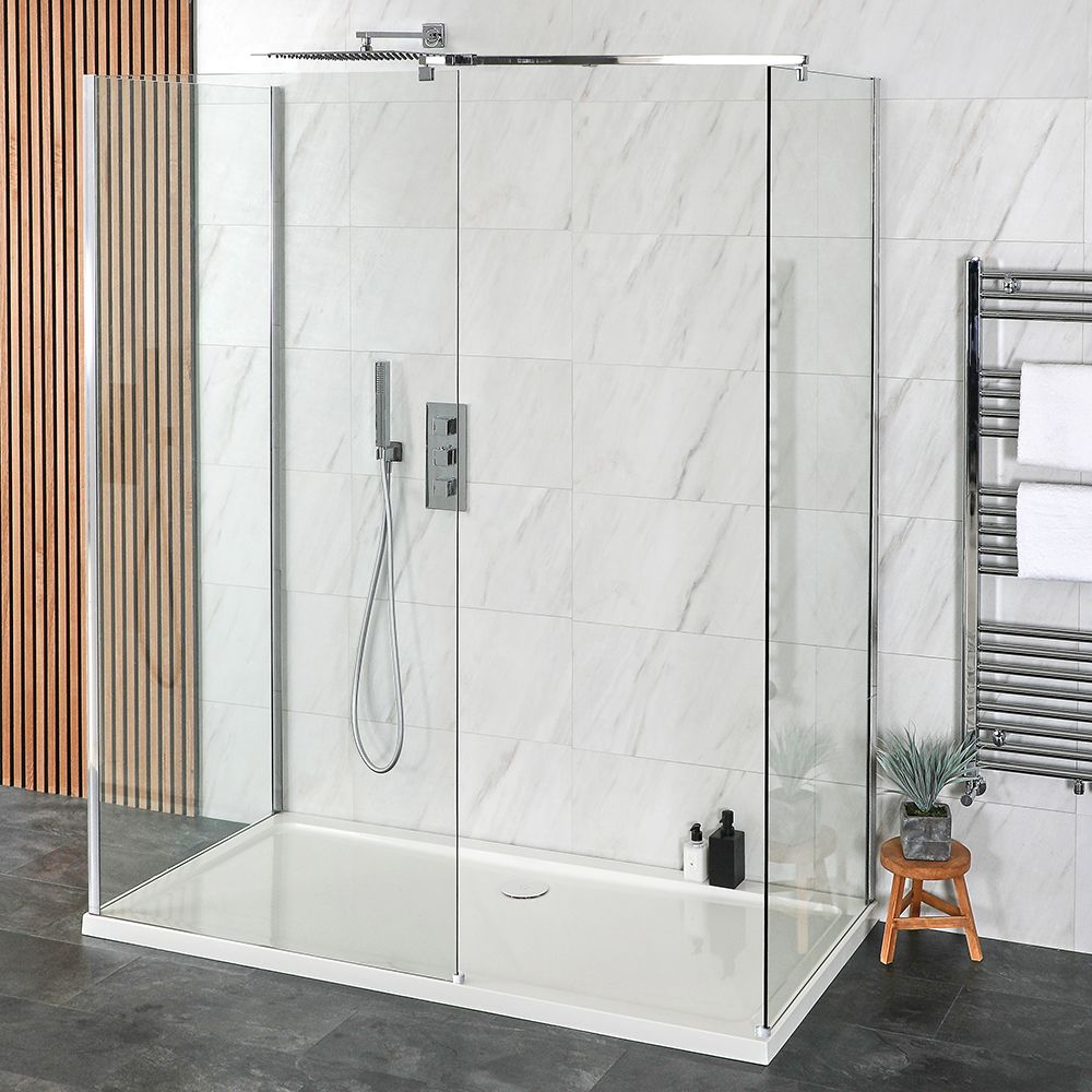 Walk-In Dusche mit 3 Seiten, Chrom, inkl. Duschtasse in Weiß, Größe wählbar - Portland