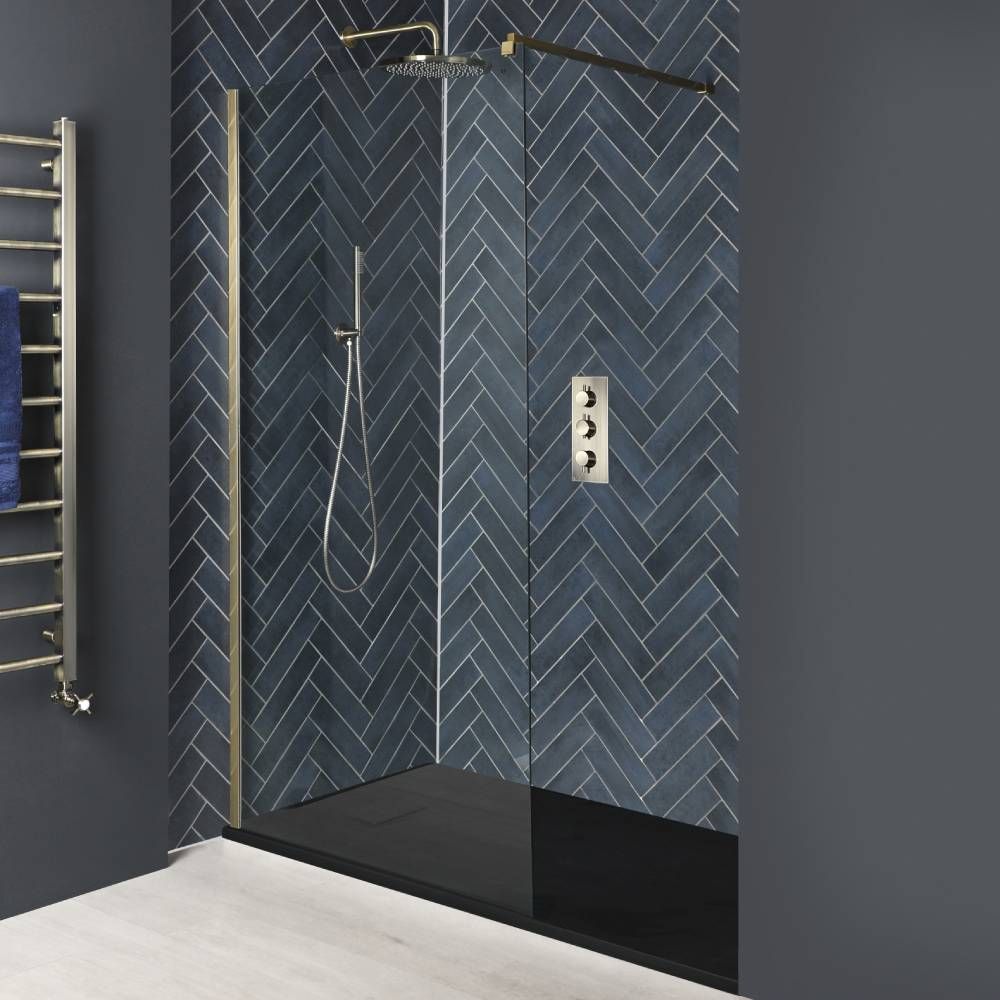 Walk-In Dusche, antikes Messing, für Nische - inkl. Duschwanne mit Schiefer-Effekt (Finish wählbar) – Größe wählbar – Alama