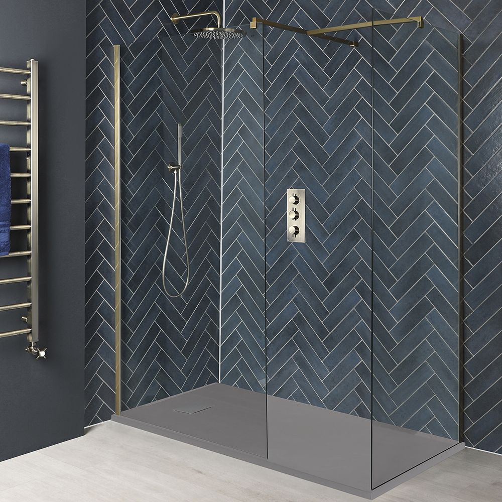 Walk-In Dusche, antikes Messing, für Eckeinbau - inkl. Duschwanne mit Schiefer-Effekt (Finish wählbar) – Größe wählbar – Alama