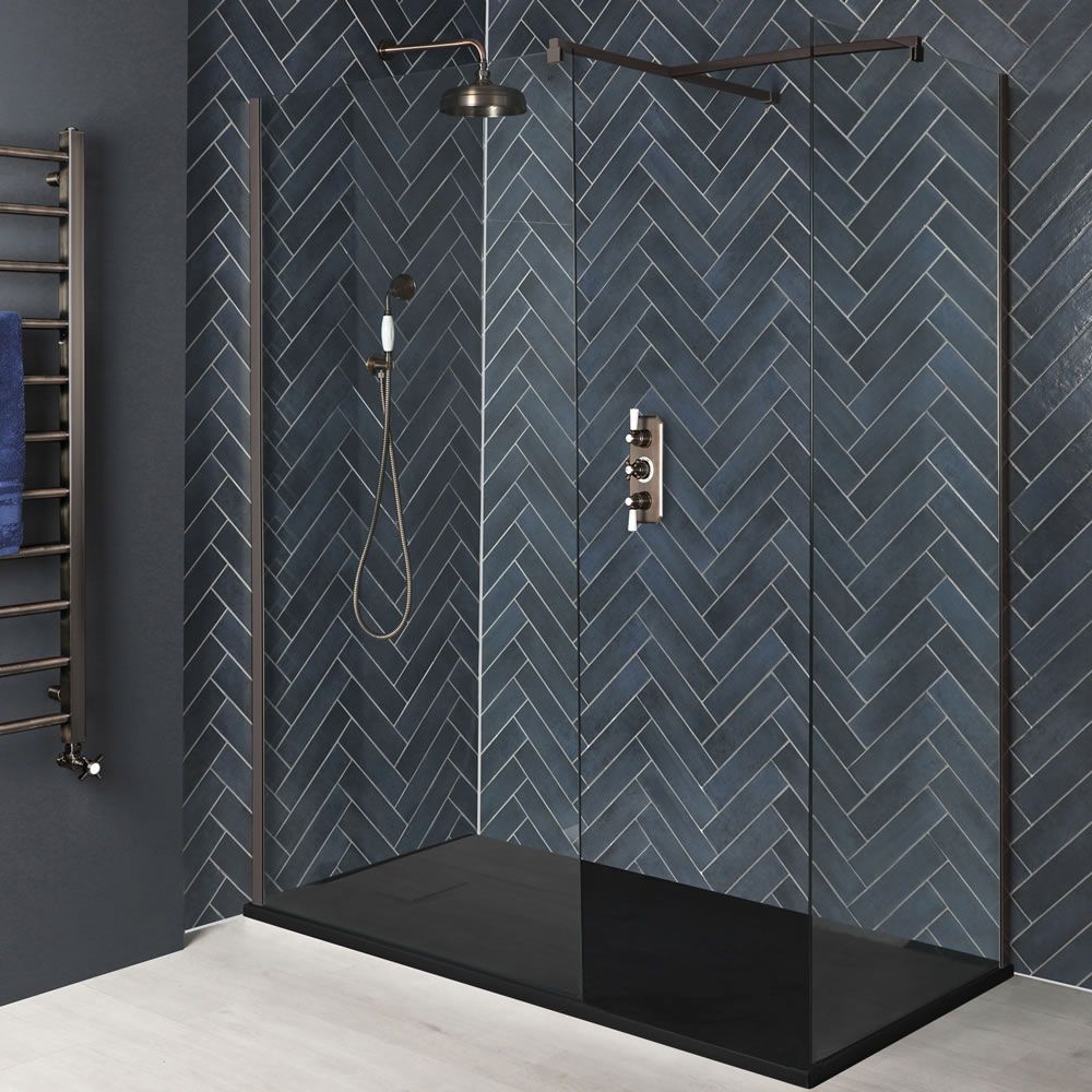 Walk-In Eck-Dusche - inkl. Duschwanne mit Schiefer-Effekt - Größe wählbar - matte Bronze - Augusta