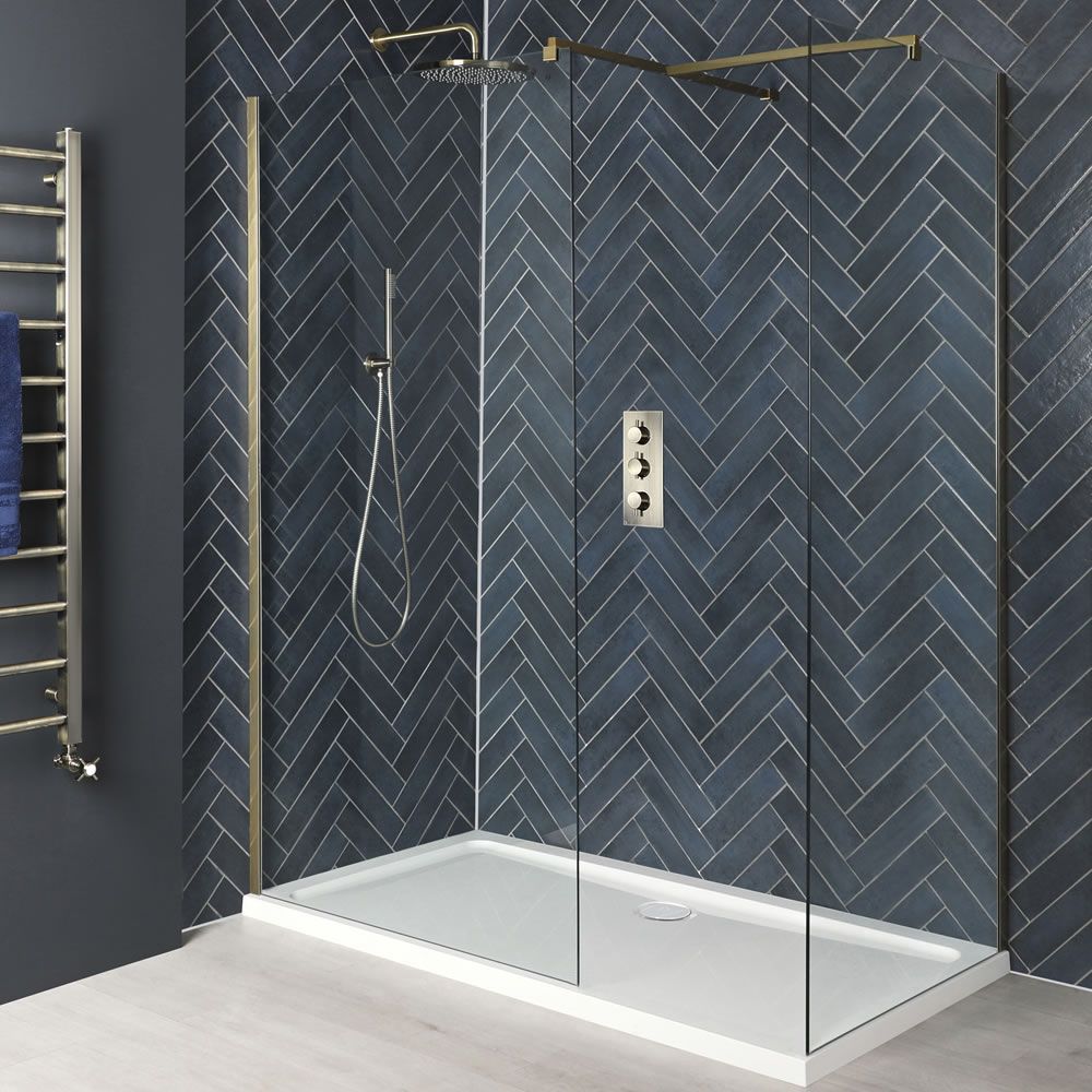 Walk-In Dusche, antikes Messing, für Eckeinbau - inkl. weißer Duschwanne - Größe wählbar  - Alama