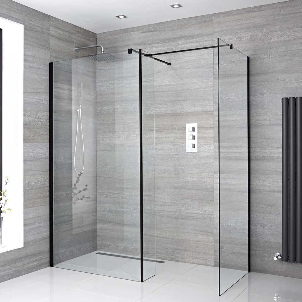 Walk-In Dusche mit Seitenpaneel, Schwarz, für Eckeinbau - Breite und Duschrinne wählbar – Nox