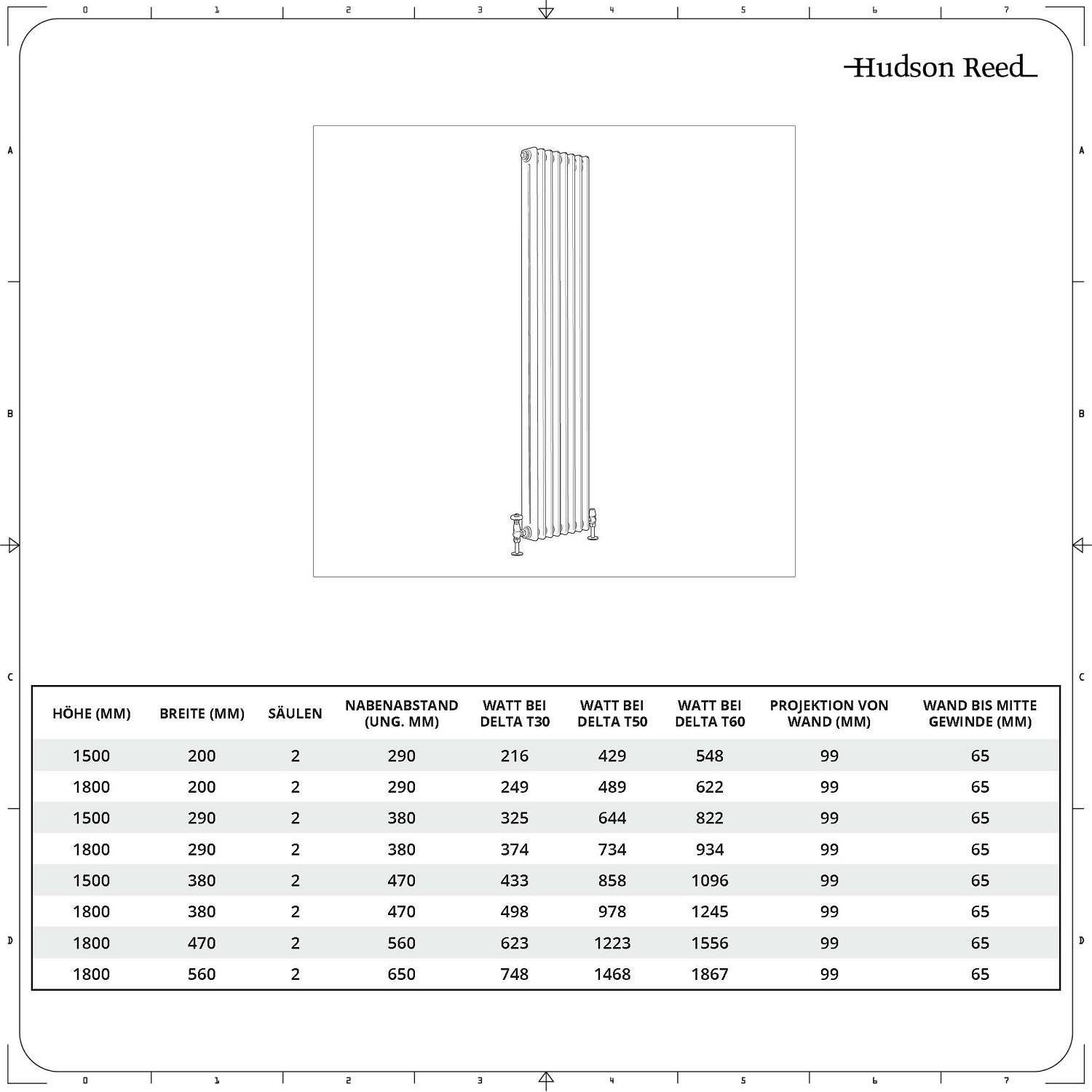 Hudson Reed Regent Heizkörper 300x1010 Mm – 2 Säulen, Weiß, 700W, Nostalgisches Design, Für Zentralheizung