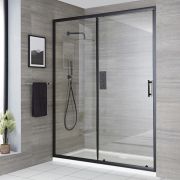 Einbau-Duschkabine mit Schiebetür, weißer Wanne und schwarzem Profil, Größe wählbar - Nox