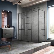 Walk-In Dusche mit abstraktem Gittermuster | Schwarz, Eckeinbau - inkl. Duschwanne mit Schiefer-Effekt (Finish wählbar) – Größe und Seitenpaneel wählbar