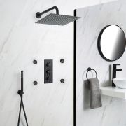 Unterputz Duschsystem mit Thermostat - mit 300x300mm Wand-Duschkopf, Handbrauseset und Körperdüsen - Schwarz - Nox