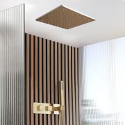 Unterputz-Thermostat für zwei Verbraucher mit Umsteller, 400mm Unterputzduschkopf & Handbrause | satiniertes Gold – Lyra