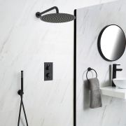 Unterputz Duschsystem mit Thermostat - mit 300mm rundem Wand-Duschkopf und Handbrauseset - Schwarz - Nox
