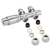 Hahnblock Heizkörperventil Gerade Thermostatisch Chrom inkl. Multiadapter für 14mm Kupferrohre im Set