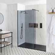 Getönte Walk-In Dusche, Schwarz, für Nische - inkl. Duschwanne mit Schiefer-Effekt (Finish wählbar) – Größe und Seitenpaneel wählbar – Nox-Luna