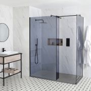 Getönte Walk-In Dusche, Schwarz, für Eckeinbau - inkl. Duschwanne mit Schiefer-Effekt (Finish wählbar) – Größe und Seitenpaneel wählbar – Nox-Luna