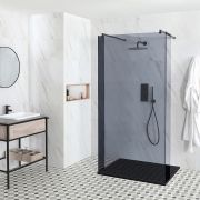 Getönte Walk-In Dusche, Schwarz, freistehend – inkl. Duschwanne mit Schiefer-Effekt (Finish wählbar) – Größe und Seitenpaneel wählbar – Nox-Luna