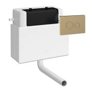 Pneumatischer Unterputzspülkasten für Standtoiletten – Seiteneinlass - inkl. eckiger Betätigungsplatte in gebürstetem Messing