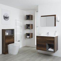 Badezimmerset – 800mm Waschtischunterschrank, WC mit Spülkastenverkleidung, Regalboxen & Spiegel - Dunkle Eiche - Hoxton