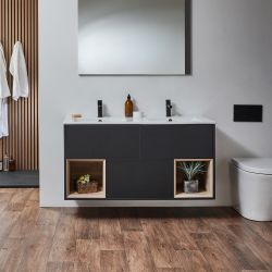 Milano Bexley - Modern 1200mm Wall Hung Open Shelf Vanity Unit with Double Basin- Choice of Finish and LED