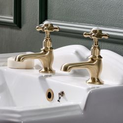 Hudson Reed Elizabeth - Traditionelle 2-Loch Kalt-/Warm-Waschtischarmatur, mit Kreuzgriffen - satiniertes Gold