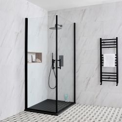 Duschkabine mit Schwingtüren, für Eckeinbau – inkl. Duschwanne mit Schiefer-Effekt (Finish wählbar) – wählbare Größe – Schwarz – Nox