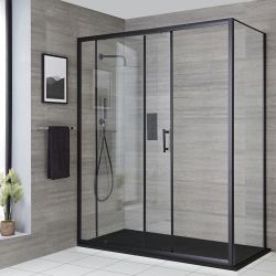 Duschkabine mit Schiebetür, Schwarz, Eckeinbau - inkl. Duschwanne mit Schiefer-Effekt (Finish wählbar) – wählbare Größe – Nox