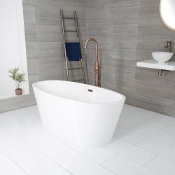 Freistehende Badewanne (oval), mit zwei Rückenschrägen, 1595mm x 740mm, Mittelablauf – Farbe der Überlaufgarnitur wählbar – Ashbury