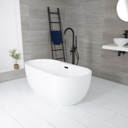 Freistehende Badewanne (oval), mit zwei Rückenschrägen, 1800mm x 750mm, Mittelablauf – Farbe der Überlaufgarnitur wählbar – Otterton