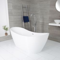 Freistehende Badewanne (oval), mit erhöhten Rückenschrägen, 1830mm x 710mm, Mittelablauf – Farbe der Überlaufgarnitur wählbar – Otterton