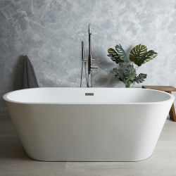 Freistehende Badewanne (oval) mit zwei Rückenschrägen, Größe & Farbe des Überlaufs wählbar (Mittelablauf) – Covelly
