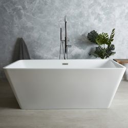 Freistehende Badewanne (eckig) mit zwei Rückenschrägen, Größe & Farbe des Überlaufs wählbar (Mittelablauf) – Sandford