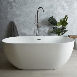Freistehende Badewanne (oval) mit zwei Rückenschrägen, Größe & Farbe des Überlaufs wählbar (Mittelablauf) – Otterton