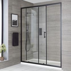 Einbau-Duschkabine mit Schiebetür, weißer Wanne und schwarzem Profil, Größe wählbar - Nox