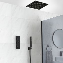 Duschsystem mit Unterputz-Thermostat - inkl. 400mm x 400mm Unterputz-Duschkopf und Handbrauseset - Schwarz - Preto