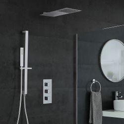 Eckiges Dusch-Thermostat mit flachem Wand-Duschkopf und Brausestangenset, Chrom - Kubix