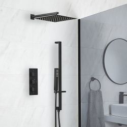 Duschsystem mit Unterputz-Thermostat - inkl. 300mm x 300mm Duschkopf und Brausestangenset - Schwarz - Preto