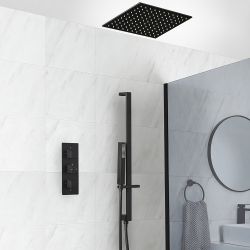 Duschsystem mit Unterputz-Thermostat - inkl. 400mm x 400mm Unterputz-Duschkopf und Brausestangenset - Schwarz - Preto