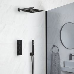 Duschsystem mit Unterputz-Thermostat - inkl. 300mm x 300mm Duschkopf und Handbrauseset - Schwarz - Preto