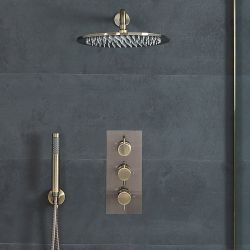 Duschsystem mit Unterputz-Thermostat – inkl. Wand-Duschkopf und Handbrause – Gebürstetes Messing – Clarus
