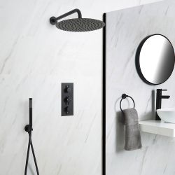 Unterputz Duschsystem mit Thermostat - mit 300mm rundem Wand-Duschkopf und Handbrauseset - Schwarz - Nox