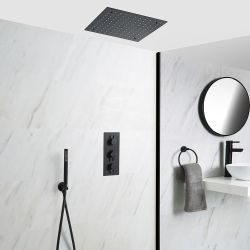 Unterputz-Duschsystem mit Thermostat - mit 400mm x 400mm Unterputz-Duschkopf und Handbrauseset - Schwarz – Nox