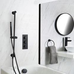 Dusch- und Badesystem mit Thermostat - mit Überlauf-Wanneneinlauf und Brausestangenset - Schwarz - Nox