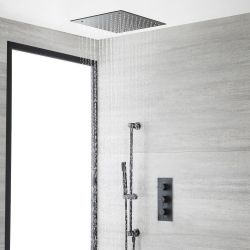 Unterputz-Duschsystem mit Thermostat - mit 400mm x 400mm Unterputz-Duschkopf und Brausestangenset - Schwarz - Nox