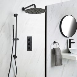 Unterputz-Duschsystem mit Thermostat - mit rundem 300mm Wand-Duschkopf und Brausestangenset - Schwarz - Nox
