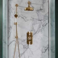 Retro Unterputz Duschsystem mit Thermostat, Wand-Duschkopf und Brausegarnitur - satiniertes Gold – Elizabeth