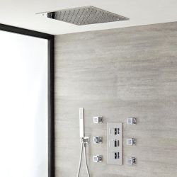 Duschsystem mit Thermostat und Umsteller – mit 400mm x 400mm Unterputz-Duschkopf, Handbrauseset und Körperdüsen - Chrom – Kubix