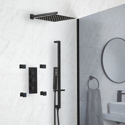 Duschsystem mit Unterputz-Thermostat - inkl. 300mm x 300mm Duschkopf, Brausestangenset und Körperdüsen - Schwarz - Preto